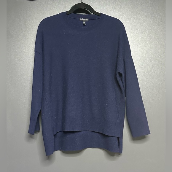 NWOT Eileen Fisher Crewneck high low wool sweater navy S - Picture 1 of 4